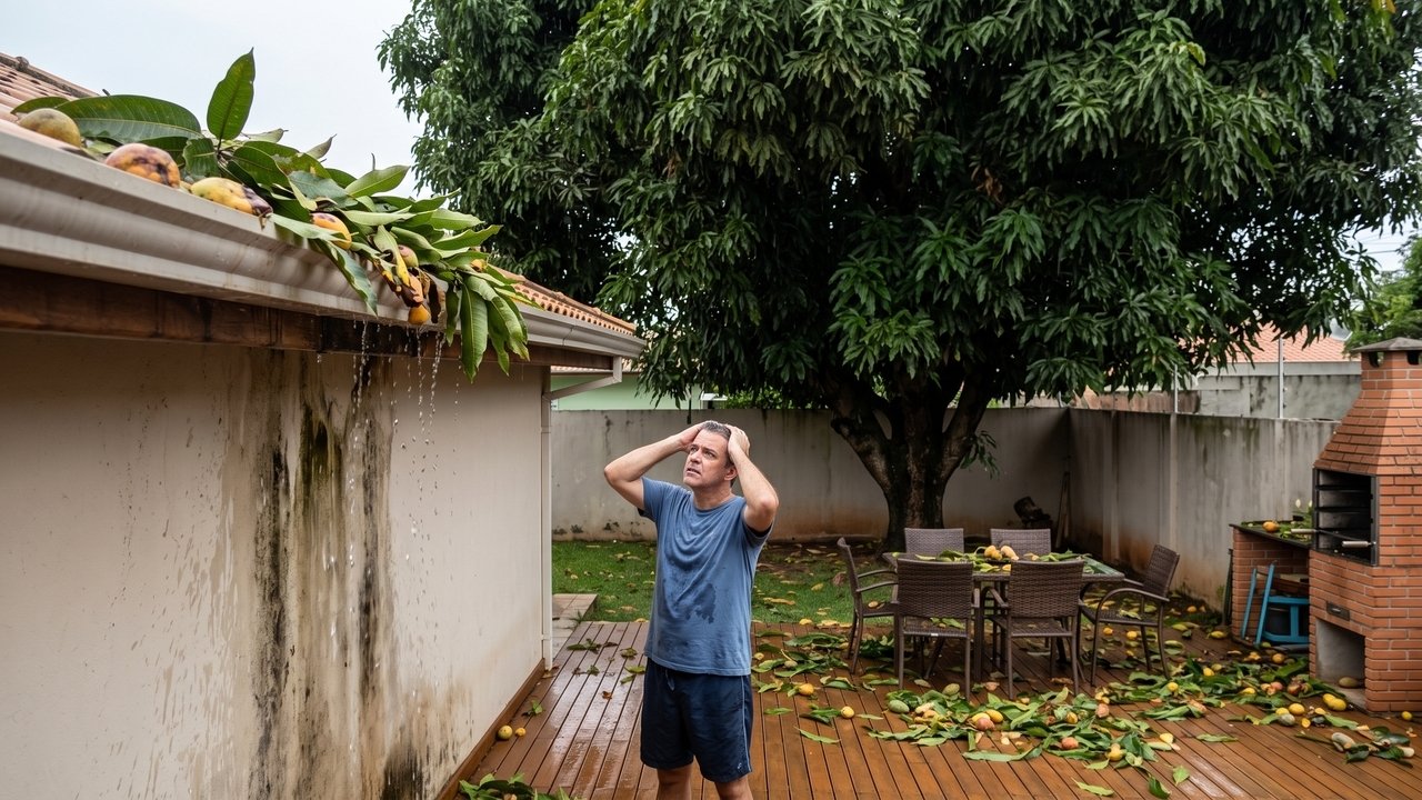 Galhos da árvore gigante do terreno ao lado invadem a piscina e entopem a calha da casa vizinha, e o morador descobre que o Código Civil permite que ele corte tudo o que ultrapassar a linha do muro sem precisar da autorização do dono da planta.