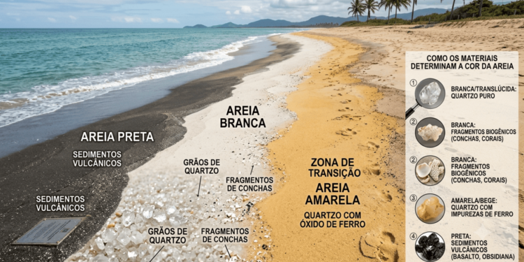 Estudo revela como a cor da areia expõe a história geológica oculta de cada praia: pesquisadores explicam como a composição de minerais e fragmentos rochosos determina a tonalidade do litoral e os segredos da sua transformação