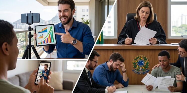 Influenciador digital promove um curso de investimentos, prometendo rentabilidade garantida e irreal. Um seguidor compra, perde as economias e processa o criador de conteúdo. O tribunal responsabiliza o influenciador solidariamente pela propaganda enganosa, obrigando-o a devolver o valor do curso e a ressarcir o prejuízo financeiro do seguidor com base na teoria da aparência do Código de Defesa do Consumidor. 