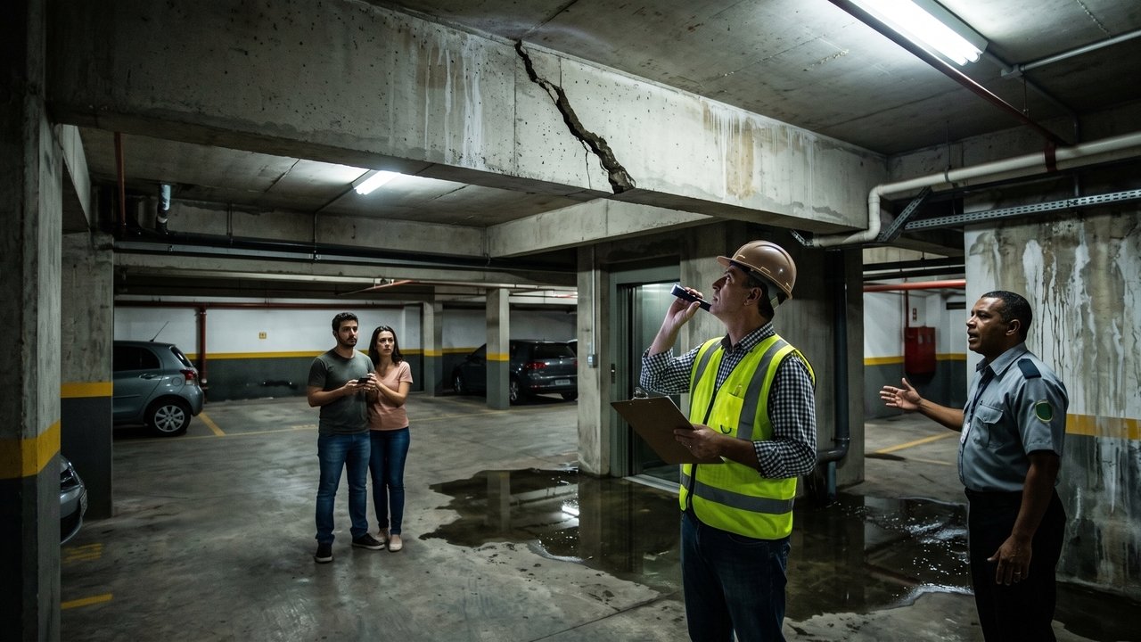 Moradores de edifício de 12 andares recém-entregue identificam rachaduras diagonais nas vigas do subsolo e infiltração no poço do elevador; laudo pericial aponta risco à solidez da edificação; associação de moradores ajuíza Ação de Obrigação de Fazer contra a construtora com base no Artigo 618 do Código Civil, que responde pela garantia legal de 5 anos sobre a segurança da obra