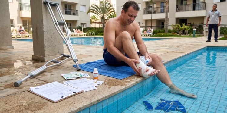 Morador usa a piscina do condomínio e sofre um corte profundo no pé devido a um azulejo quebrado no fundo, precisando de pontos e afastamento temporário do trabalho. O condomínio é condenado a cobrir todos os custos médicos, lucros cessantes e danos morais, respondendo civilmente pela negligência e omissão na manutenção segura das áreas de lazer coletivas.