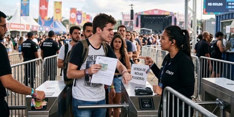 Fã adquire ingresso de R$ 850 para festival de música internacional e perde a pulseira de acesso com chip na fila do evento; a organização barra a entrada exigindo a compra de um novo ingresso no local; o Procon é acionado e a Justiça condena a produtora a reembolsar o valor integral, além de R$ 5.000 por danos morais, fundamentando que o ingresso era nominal, rastreável pelo CPF do consumidor e o sistema poderia facilmente invalidar a pulseira perdida.