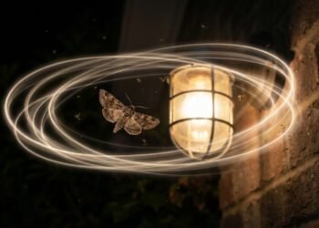 Mariposa em voo ao lado de uma iluminação externa protegida, com a luz direcionada para baixo e o céu escuro ao fundo, representando uma iluminação noturna que reduz a interferência sobre a orientação do inseto.
