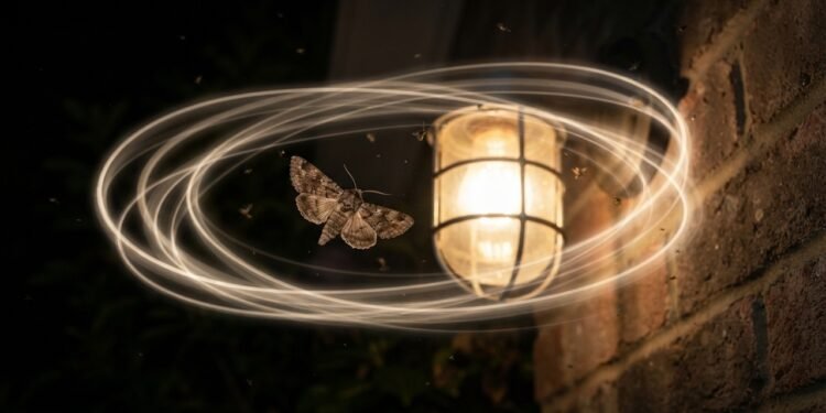 Mariposa em voo ao lado de uma iluminação externa protegida, com a luz direcionada para baixo e o céu escuro ao fundo, representando uma iluminação noturna que reduz a interferência sobre a orientação do inseto.