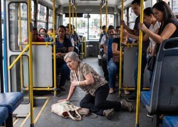 Uma passageira idosa que viajava em pé no ônibus circular cai e fratura o braço depois que o motorista freia bruscamente para não bater em um carro que cortou a sua frente. Mesmo a culpa original sendo do outro carro, o tribunal condena a empresa de ônibus a pagar os custos médicos e danos morais da passageira. Empresas de transporte têm responsabilidade objetiva e o dever de garantir que o passageiro chegue ileso ao destino. 