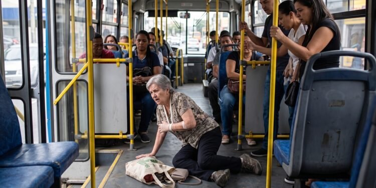 Uma passageira idosa que viajava em pé no ônibus circular cai e fratura o braço depois que o motorista freia bruscamente para não bater em um carro que cortou a sua frente. Mesmo a culpa original sendo do outro carro, o tribunal condena a empresa de ônibus a pagar os custos médicos e danos morais da passageira. Empresas de transporte têm responsabilidade objetiva e o dever de garantir que o passageiro chegue ileso ao destino. 