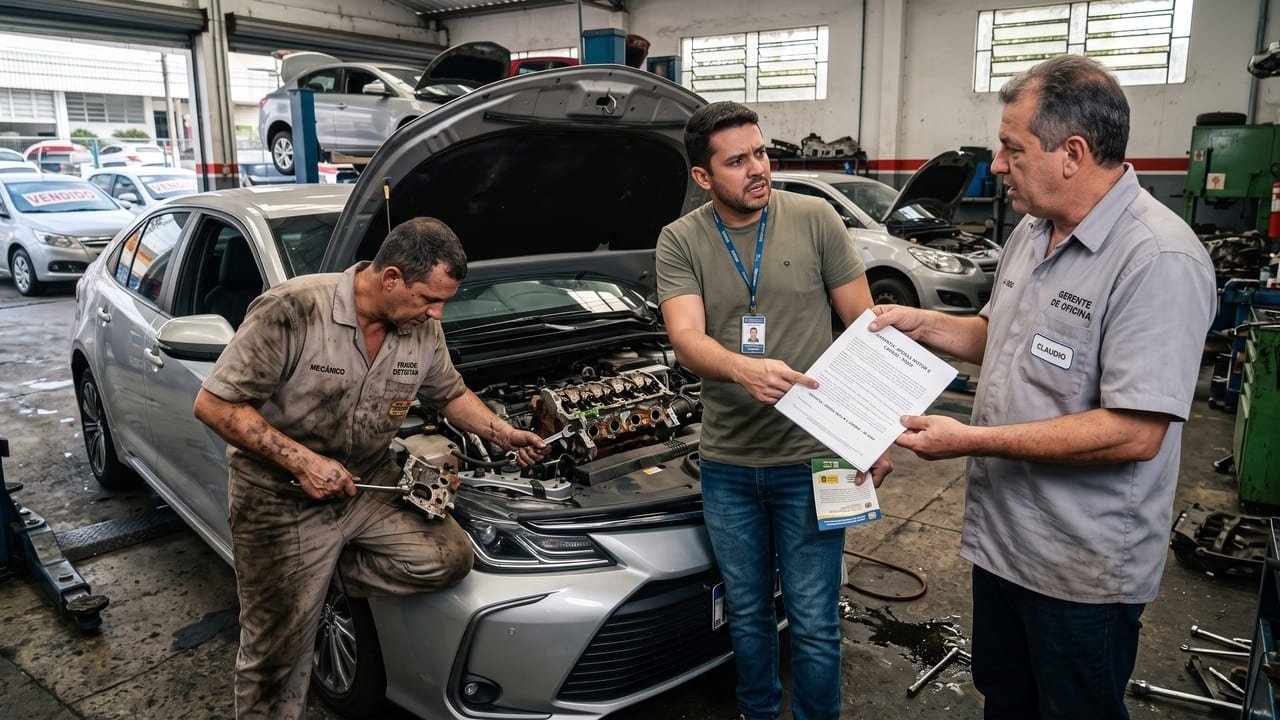 Comprador adquire sedã 2021 por R$ 82 mil em concessionária de usados e, após 45 dias, o motor funde por problema prévio na junta do cabeçote maquiado com aditivo temporário; agência alega que a garantia cobre "apenas motor e câmbio de 90 dias", mas tribunal aplica o Artigo 18 do CDC e obriga a substituição integral do motor ou devolução do valor pago