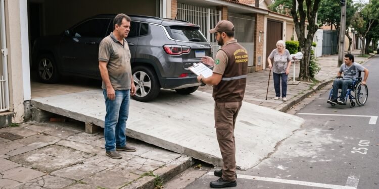 Morador constrói rampa de concreto na calçada para facilitar o acesso de SUV à garagem, criando um degrau de 25 cm no passeio público que provoca quedas de pedestres e impede o trânsito de cadeirantes; a prefeitura aplica multa por infração ao Código de Posturas e exige a demolição da estrutura