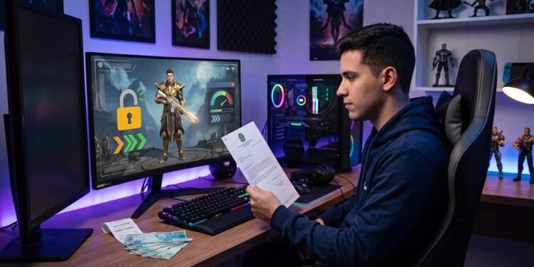 Jogador investe dinheiro real em roupas virtuais e armas dentro de um jogo online popular. Um dia, a desenvolvedora bane a conta permanentemente por suspeita de uso de hack, sem dar chance de defesa. O juiz aplica o Código de Defesa do Consumidor, obriga a empresa a devolver o acesso e condena ao pagamento de R$ 5.000 por danos morais devido ao bloqueio arbitrário.  