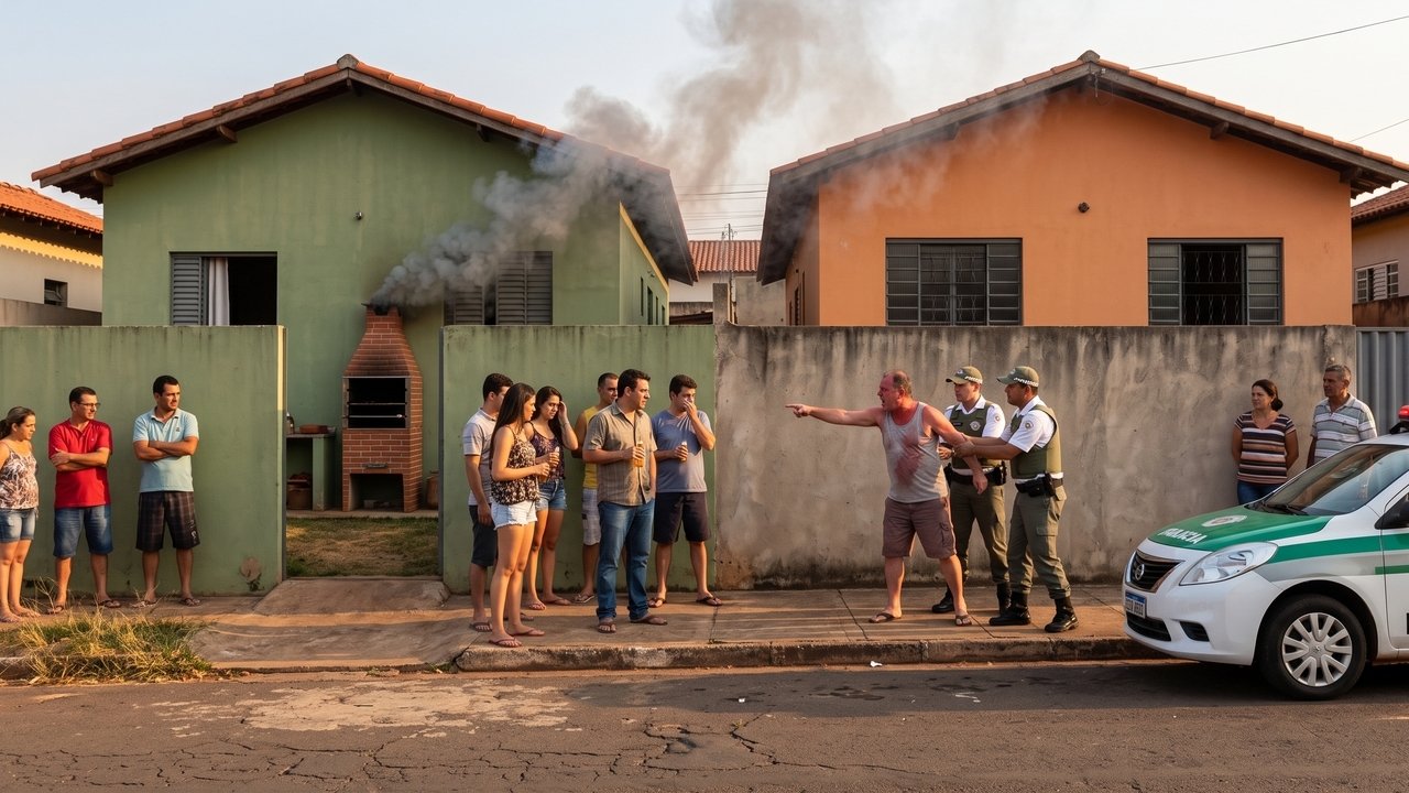 Morador constrói churrasqueira junto ao muro para aproveitar a área de lazer; a fumaça e a fuligem entram frequentemente pela janela do vizinho e deixam o cômodo ao lado impregnado de cheiro. A discussão pode terminar no Juizado Especial Cível