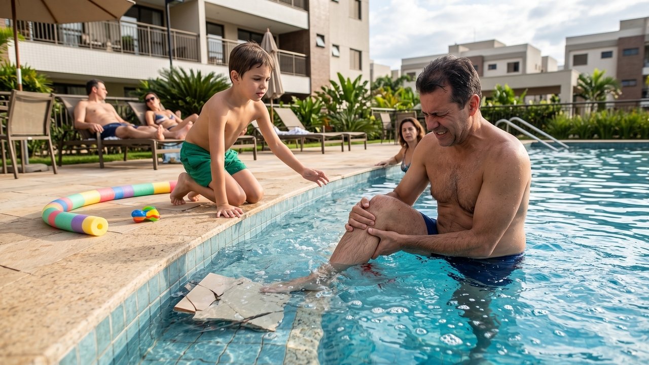 Morador usa a piscina do condomínio e sofre um corte profundo no pé devido a um azulejo quebrado no fundo, precisando de pontos e afastamento temporário do trabalho. O condomínio é condenado a cobrir todos os custos médicos, lucros cessantes e danos morais, respondendo civilmente pela negligência e omissão na manutenção segura das áreas de lazer coletivas.