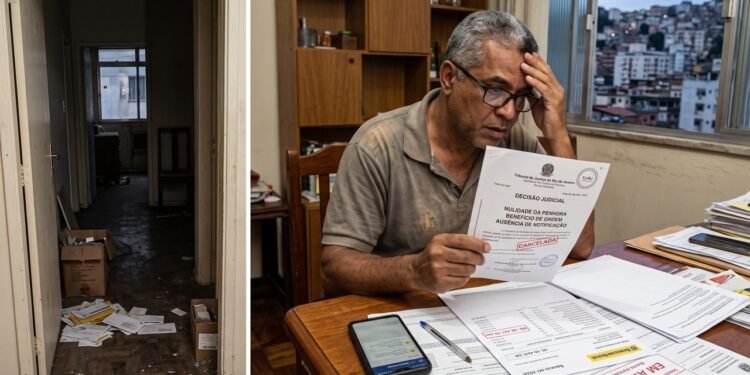 Inquilino acumula 8 meses de aluguel e R$ 12 mil de condomínio atrasados antes de abandonar o imóvel; imobiliária ajuíza execução de R$ 58 mil direto contra o fiador, penhorando sua conta bancária sem antes notificá-lo da mora do devedor principal; juiz anula a penhora com base no benefício de ordem e na ausência de notificação prévia da dívida.