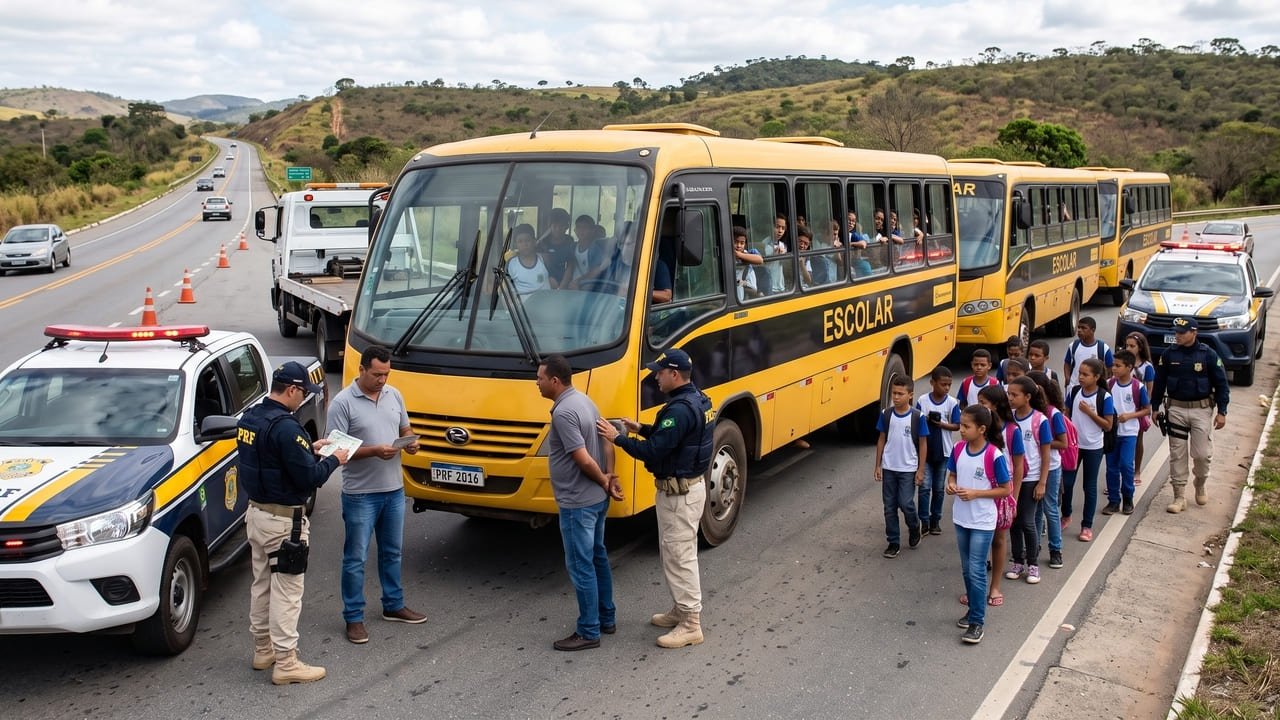 Três ônibus levavam estudantes quando a PRF encontrou 2 motoristas apenas com CNH B e um terceiro sem habilitação; um veículo tinha licenciamento vencido desde 2016 e acabou removido ao pátio