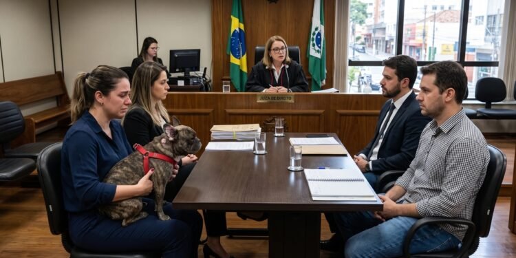 Casal se divorcia após 8 anos e disputa a posse de cão da raça Bulldog Francês, que necessita de medicação contínua e tratamento dermatológico de R$ 1.200 mensais; o ex-marido recusa qualquer custeio após sair de casa; Justiça fixa guarda compartilhada alternada por quinzena e arbitra obrigação de alimentos compensatórios para custeio de 50% das despesas veterinárias sob pena de execução