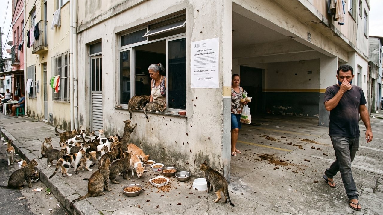 Moradora de apartamento térreo começa a alimentar diariamente 15 gatos de rua na janela da área de serviço, atraindo os animais para o interior do prédio e gerando mau cheiro, fezes nas garagens e infestação de pulgas; o condomínio aplica multas sucessivas de R$ 600 e a Justiça defere liminar proibindo a prática sob justificativa de risco à salubridade coletiva e clara violação ao Artigo 1.336 do Código Civil