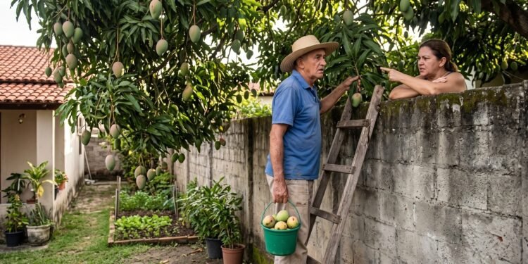 Os galhos da mangueira do vizinho ultrapassam o muro e invadem o seu quintal. Se você arrancar a fruta do galho, está cometendo um ilícito civil (a fruta pertence ao dono da árvore). Porém, se a fruta cair naturalmente no chão do seu quintal, ela passa a ser sua por direito