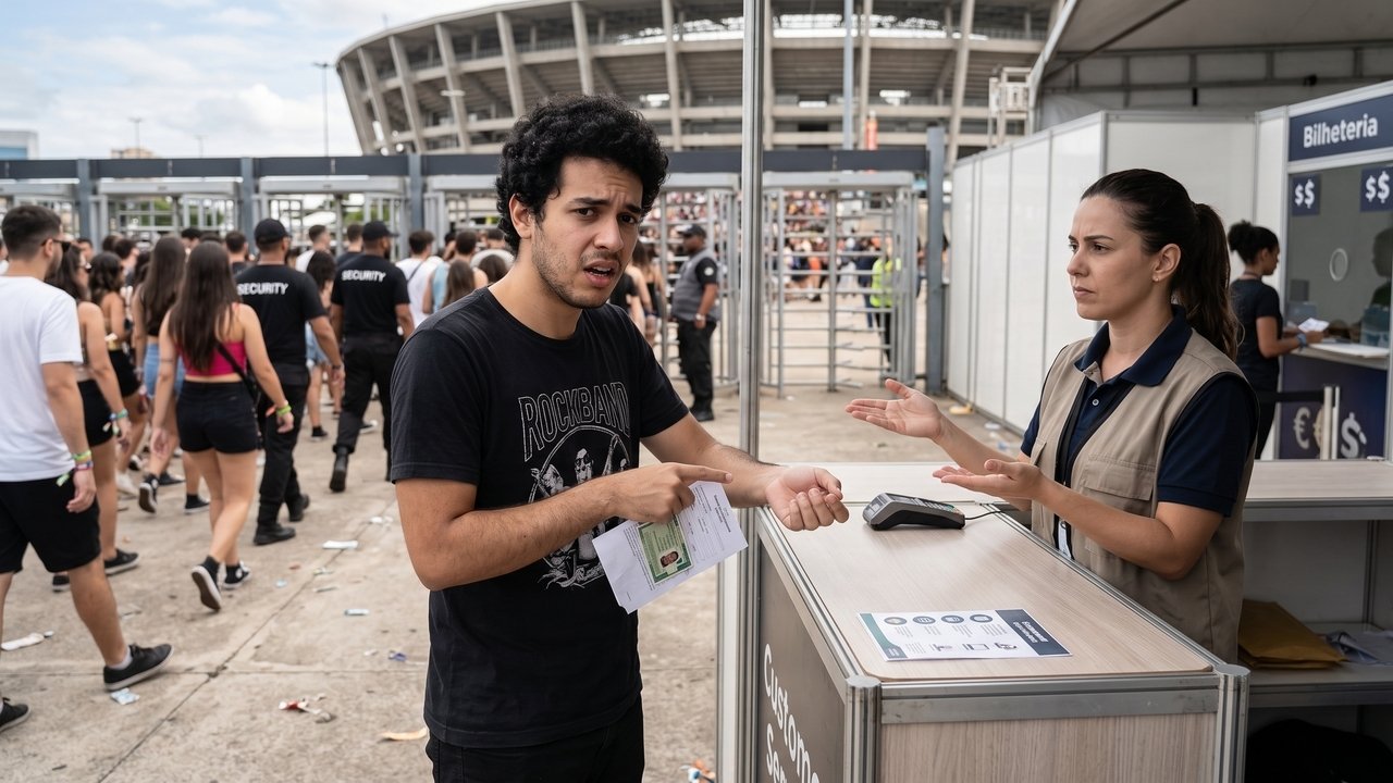 Fã adquire ingresso de R$ 850 para festival de música internacional e perde a pulseira de acesso com chip na fila do evento; a organização barra a entrada exigindo a compra de um novo ingresso no local; o Procon é acionado e a Justiça condena a produtora a reembolsar o valor integral, além de R$ 5.000 por danos morais, fundamentando que o ingresso era nominal, rastreável pelo CPF do consumidor e o sistema poderia facilmente invalidar a pulseira perdida.