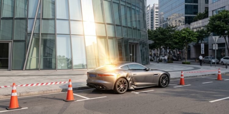 Fachada de vidro concentra luz do sol por cerca de 2 horas por dia e deforma partes de um Jaguar estacionado na rua; três vagas acabam interditadas