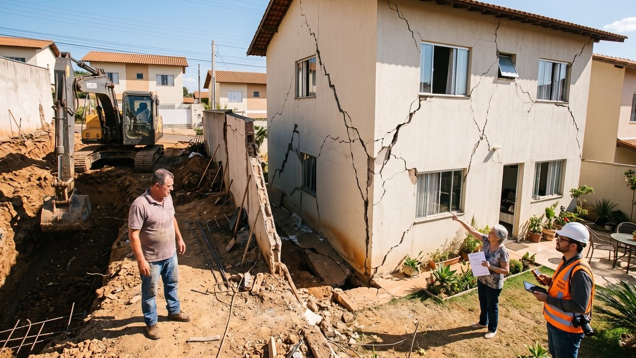 Escavações para tubulões deslocaram terra e abalaram a casa vizinha; sem estudo de viabilidade nem indicação de responsáveis técnicos, o casal foi condenado a pagar R$ 62.488,32 por danos materiais e R$ 5 mil por danos morais