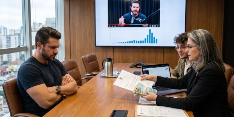 Um criador de conteúdo iniciante tem seu roteiro investigativo copiado palavra por palavra por um influenciador gigante, que bate 3 milhões de visualizações com a ideia roubada. A Justiça enquadra a situação como plágio e infração de direitos autorais, ordenando que a plataforma repasse 100% do dinheiro da monetização daquele vídeo para o criador original. 
