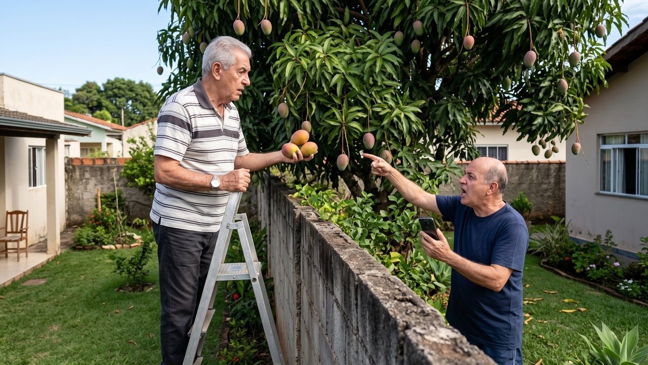 Os galhos da mangueira do vizinho ultrapassam o muro e invadem o seu quintal. Se você arrancar a fruta do galho, está cometendo um ilícito civil (a fruta pertence ao dono da árvore). Porém, se a fruta cair naturalmente no chão do seu quintal, ela passa a ser sua por direito