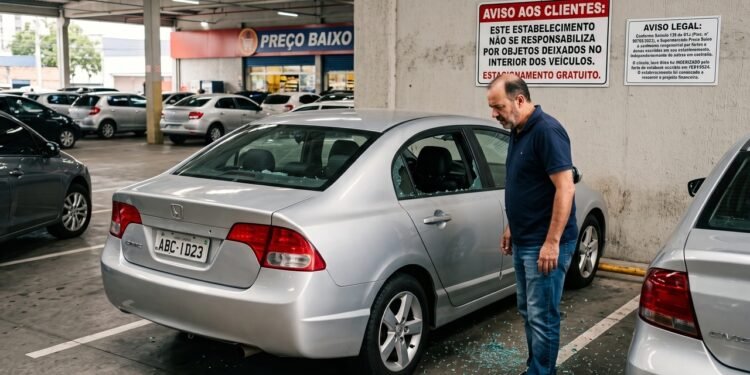 Um cliente tem o notebook furtado dentro do carro no estacionamento do supermercado. A placa na parede dizia: "Não nos responsabilizamos por objetos deixados no veículo", mas a Justiça ignora a placa e condena o mercado a pagar o prejuízo financeiro