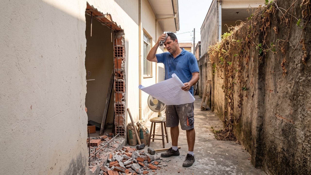 Vizinho aproveita férias do morador para abrir uma janela voltada diretamente para o quintal ao lado e altera a fachada sem aviso; na volta, proprietário questiona a obra na prefeitura e pede o fechamento da abertura irregular