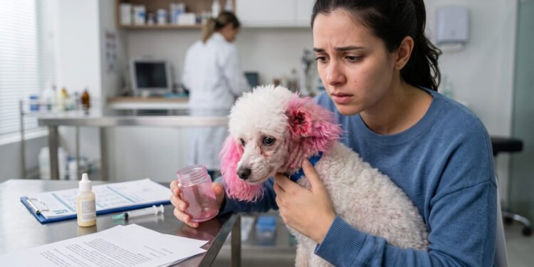 Tutora deixa seu cão Poodle no pet shop para um banho rotineiro. O estabelecimento, para fazer uma "surpresa", tinge as orelhas do animal com tinta rosa sem autorização, causando uma forte alergia no bicho. O local é condenado a pagar todos os custos veterinários e a indenizar a dona por violação da propriedade e do bem-estar animal.