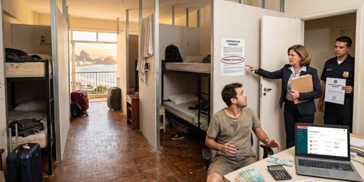Inquilino aluga apartamento de R$ 3.500 em área turística, divide a sala com divisórias de drywall e subloca 6 leitos individuais por aplicativo, faturando R$ 9.000 mensais; locador descobre a atividade proibida em contrato e obtém liminar de despejo imediato com cobrança da multa contratual integral de 3 aluguéis e retenção da caução