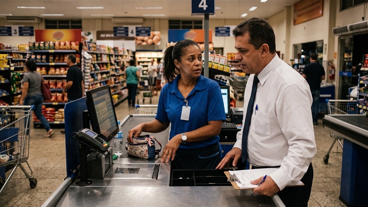 Gerente de supermercado obriga operadoras de caixa a abrirem suas bolsas e mochilas diariamente na saída do expediente, de forma ostensiva e na frente de clientes; uma funcionária filma a abordagem e ingressa com ação trabalhista; o Tribunal Regional do Trabalho reconhece a prática como revista abusiva e vexatória, condenando a rede varejista ao pagamento de R$ 15 mil por danos morais por violação à intimidade da trabalhadora.