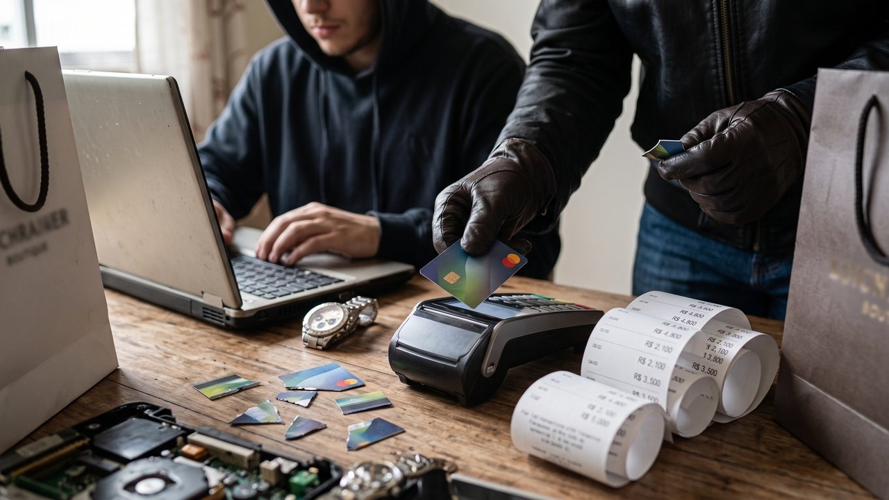 Uma idosa entrega o cartão cortado ao meio a um falso motoboy do banco após receber uma ligação fraudulenta, e o criminoso usa o chip intacto para fazer compras altas. A Justiça condena o banco a devolver o dinheiro por falha no sistema antifraude, que deveria ter bloqueado gastos fora do perfil da cliente