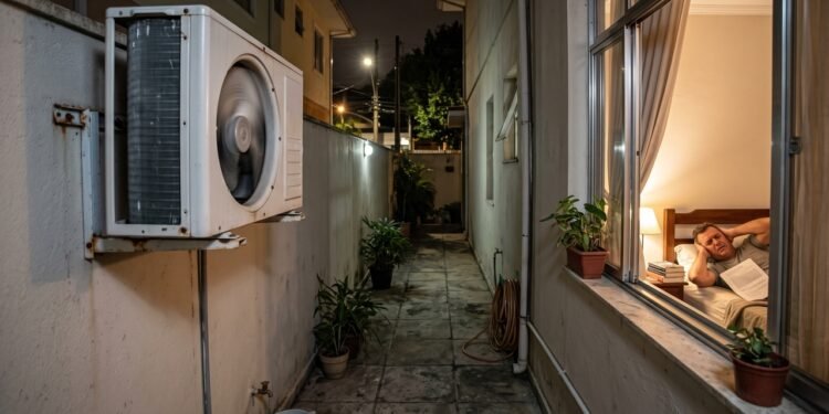Morador instala condensadora de ar-condicionado no corredor lateral para refrescar a casa; o ruído e a vibração atravessam diariamente a parede do vizinho e atrapalham o sono no quarto ao lado. A disputa pode acabar no Juizado Especial Cível