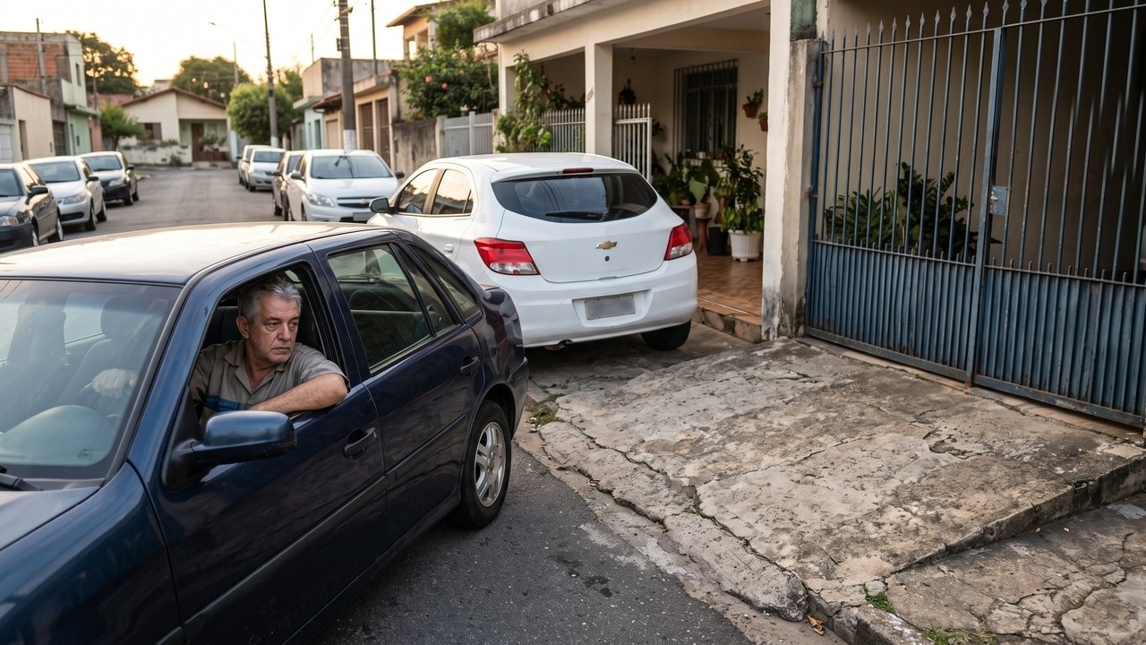 Motorista estaciona em frente a uma rampa de garagem rebaixada irregularmente; morador fura os quatro pneus do veículo avaliados em R$ 1.600, como retaliação; Justiça condena o morador a pagar pneus novos ao infrator por exercício arbitrário das próprias razões.