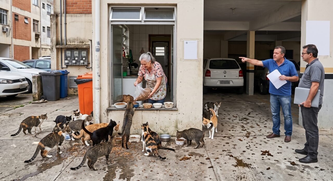 Moradora de apartamento térreo começa a alimentar diariamente 15 gatos de rua na janela da área de serviço, atraindo os animais para o interior do prédio e gerando mau cheiro, fezes nas garagens e infestação de pulgas; o condomínio aplica multas sucessivas de R$ 600 e a Justiça defere liminar proibindo a prática sob justificativa de risco à salubridade coletiva e clara violação ao Artigo 1.336 do Código Civil
