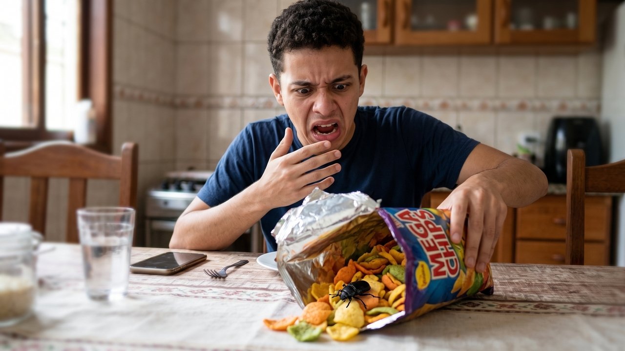 Um consumidor abre um pacote de salgadinho e encontra um inseto morto dentro. Mesmo sem ter chegado a comer o produto, ele processa o fabricante e ganha indenização por danos morais pela sensação de nojo, repugnância e quebra de confiança na marca