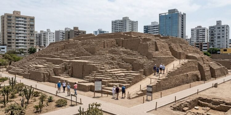A pirâmide cerimonial foi erguida com milhões de pequenos tijolos de barro seco ao sol, chamados de adobe