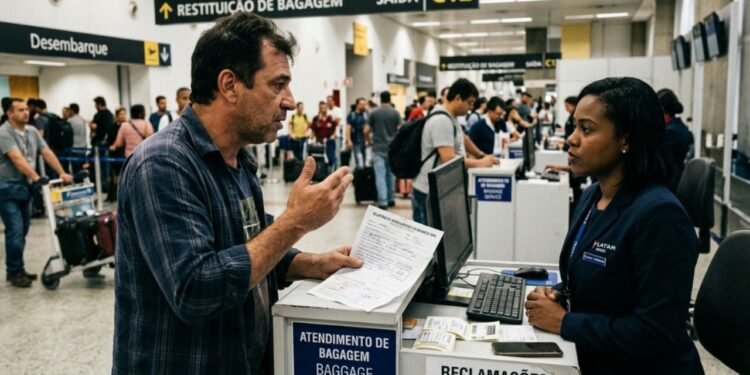 Ele preparou seus pertences para viajar no transporte aéreo no Brasil sem precisar despachar nenhuma bagagem no balcão de atendimento.