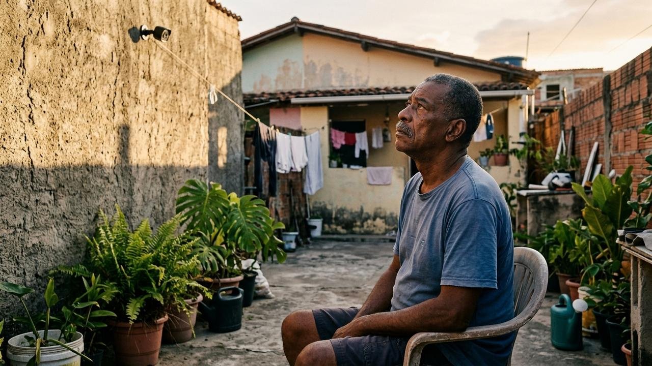 homem olhando para câmera do vizinho