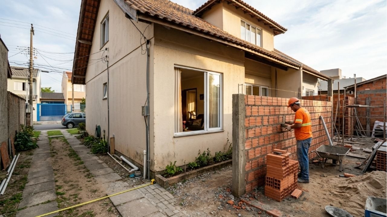 Morador constrói um segundo andar colado ao muro da divisa, cobrindo totalmente as janelas da casa ao lado e deixando a residência vizinha sem luz natural e ventilação