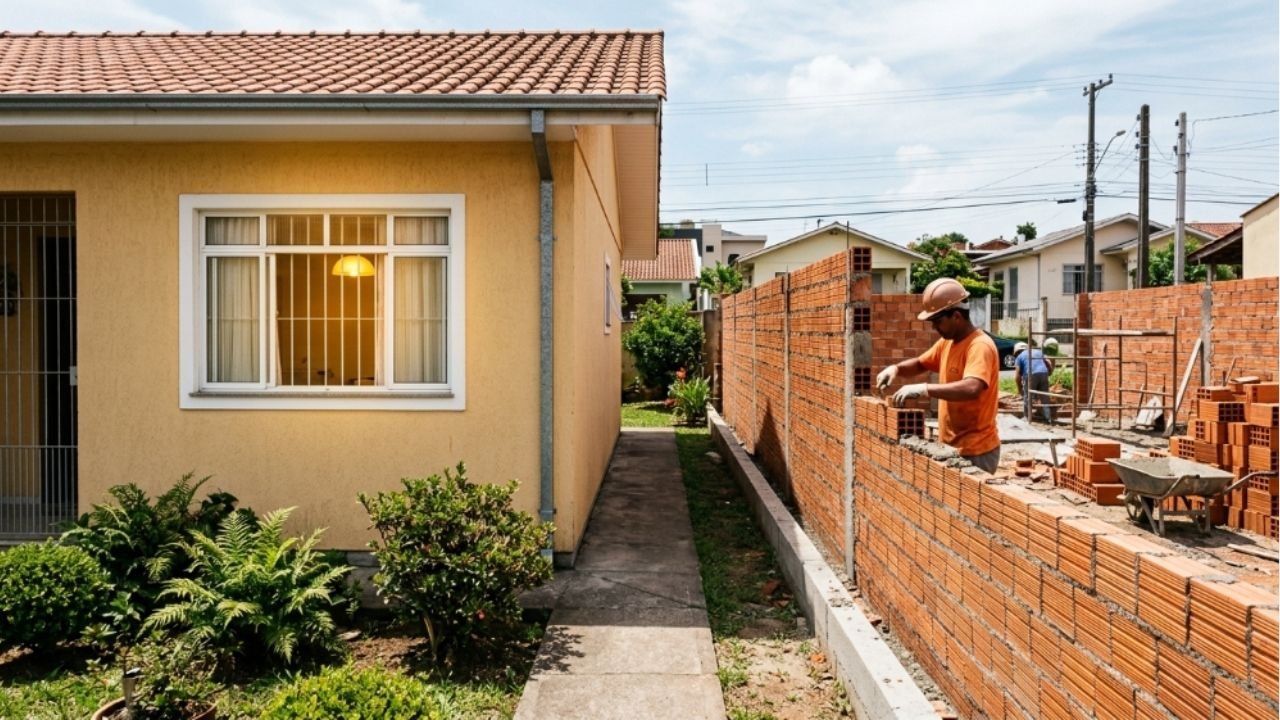 Morador constrói um segundo andar colado ao muro da divisa, cobrindo totalmente as janelas da casa ao lado e deixando a residência vizinha sem luz natural e ventilação