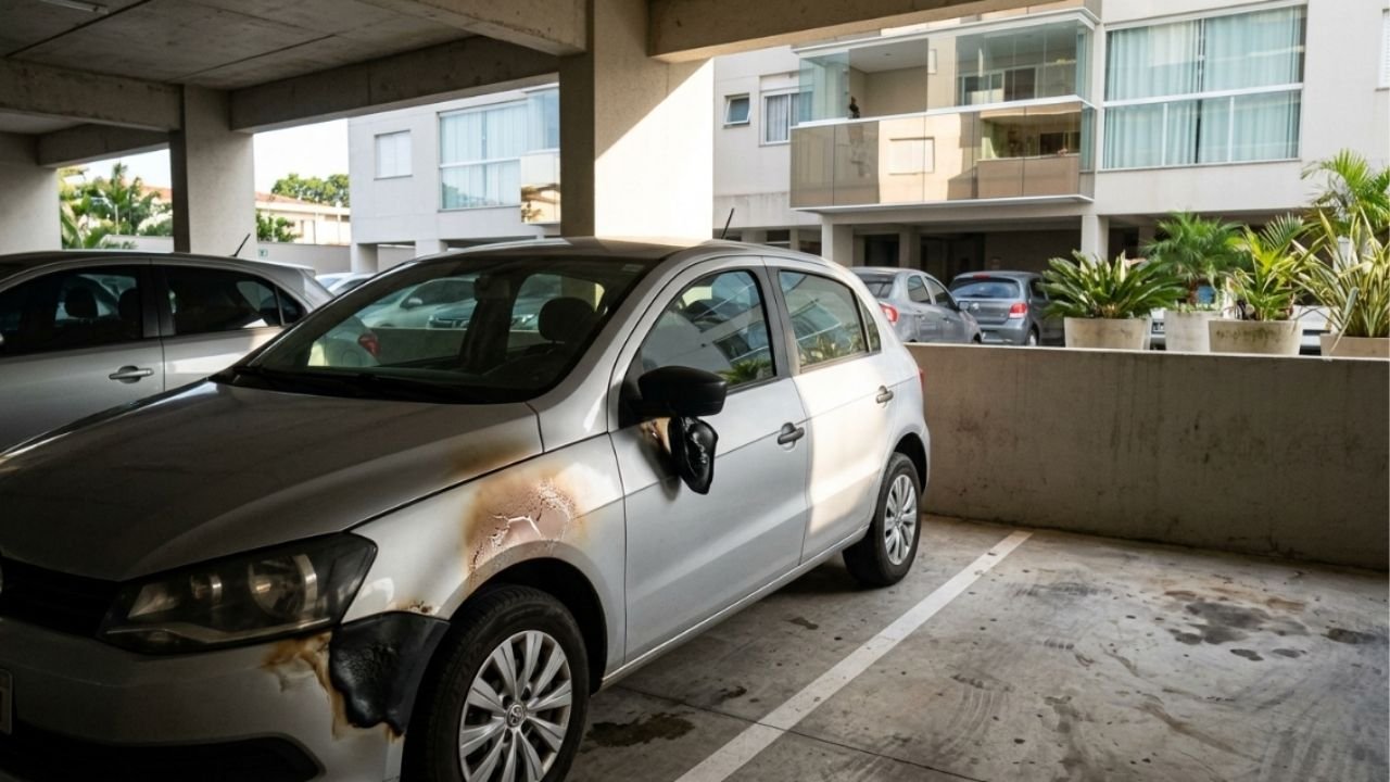 Morador instalou fechamento de varanda com vidros espelhados para bloquear o sol, o reflexo concentrado queima a pintura do carro do vizinho parado na garagem ao lado e a disputa vai parar no Juizado Especial Cível