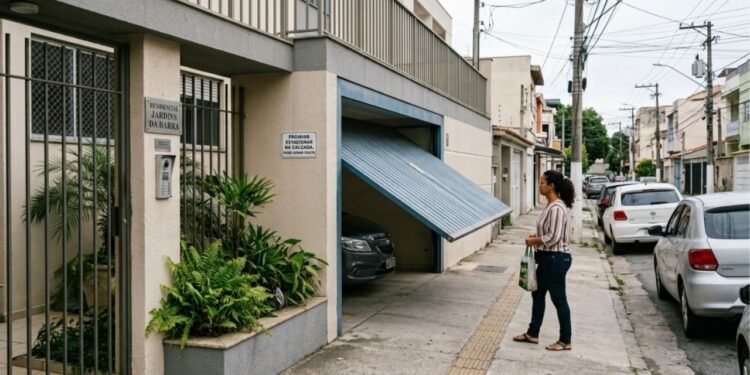 Morador instalou portão eletrônico basculante que projeta 1 metro para fora da calçada ao abrir, atingindo pedestres que passam pelo local; a prefeitura aplica multa e notifica o proprietário para alterar o mecanismo de abertura por risco de acidentes