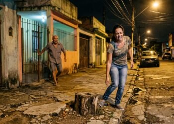 Morador corta árvore no quintal e deixa cepo e raízes de 30 cm salientes na calçada sem qualquer sinalização, pedestres sofrem quedas graves à noite e Prefeitura exige remoção total do toco e regularização do piso