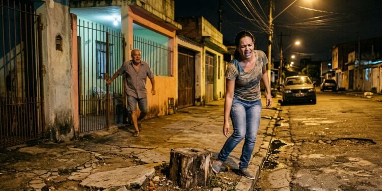O tronco cortado rente à calçada permaneceu abandonado com raízes retorcidas sobre o piso, criando uma saliência rígida no meio do caminho.