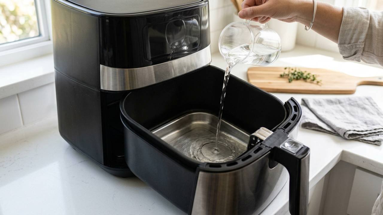 Colocar água no fundo da gaveta da air fryer: para que serve o truque simples que impede a fumaça de gordura queimada na cozinha