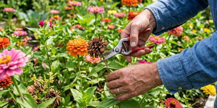 Cortar as flores secas das zínias no canteiro: o truque simples de poda que interrompe o gasto de energia e estimula novas florações
