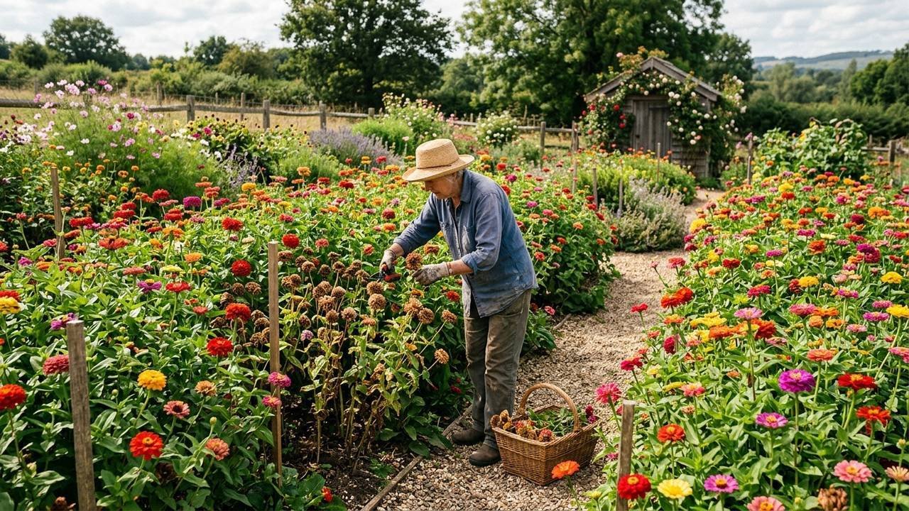 Cortar as flores secas das zínias no canteiro: o truque simples de poda que interrompe o gasto de energia e estimula novas florações