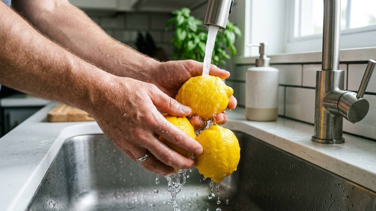 Mergulhar as frutas em água morna com bicarbonato: a técnica correta para descolar a película de cera e remover resíduos químicos da casca do limão