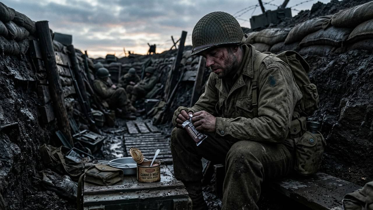 O cardápio militar de sobrevivência que usou carne enlatada e chocolate térmico para manter soldados nutridos nas trincheiras da Segunda Guerra