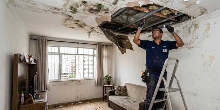 Quando o vazamento decorre da rede privada da unidade superior, o dono do imóvel de onde parte o dano responde integralmente pelas despesas.